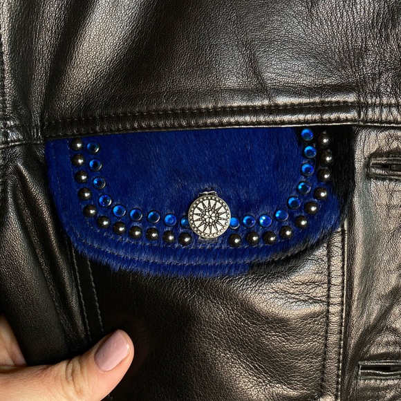 Kippys Black Western Leather Jacket with Blue Calf Hair and Rhinestones Small - Picture 16 of 16